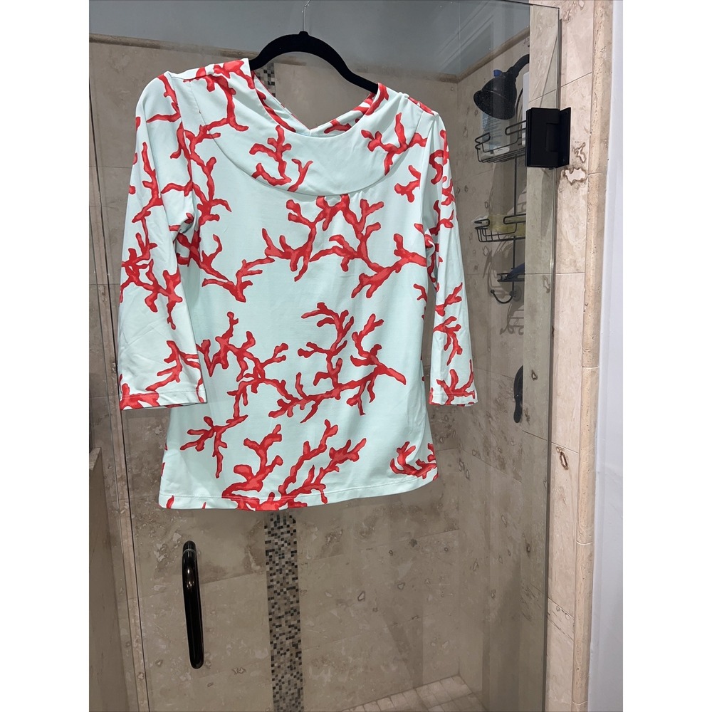 J. McLaughlin Coral Green Print 3/4 Sleeve Top XS Catalina Cloth Blouse
